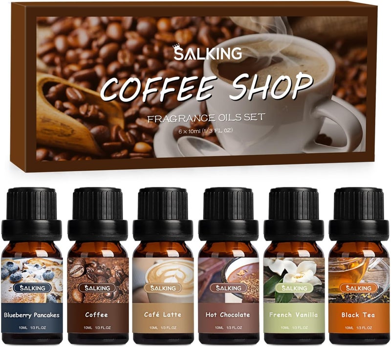 Coffee Shop Fragrance Oils Set, Premium Essential Oils Set for Diffuser, Scented Oil for Soap & Candle Making - Blueberry Pancakes, Coffee, Café Latte, Hot Chocolate, French Vanilla, Black Tea - Image 1