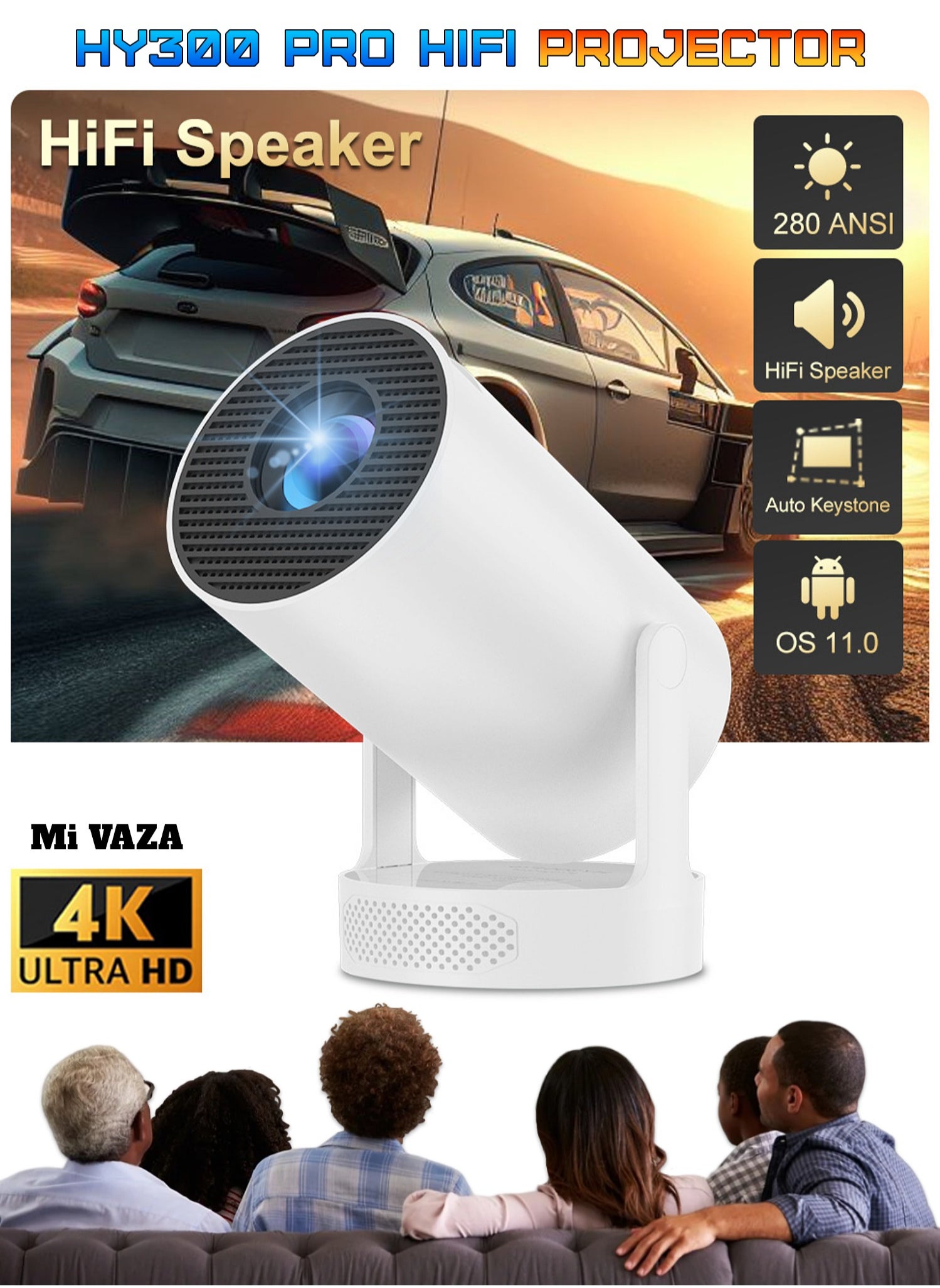 Mi VAZA Hi-Fi Speaker LCD Projector - Support HD 1080P/4K - 280 ANSI Lumen - Smart Projector with Wifi 6 and Bluetooth 5.0 - Android 11 - Portable Mobile Home Theater - Suitable for Games, Office, Movies 