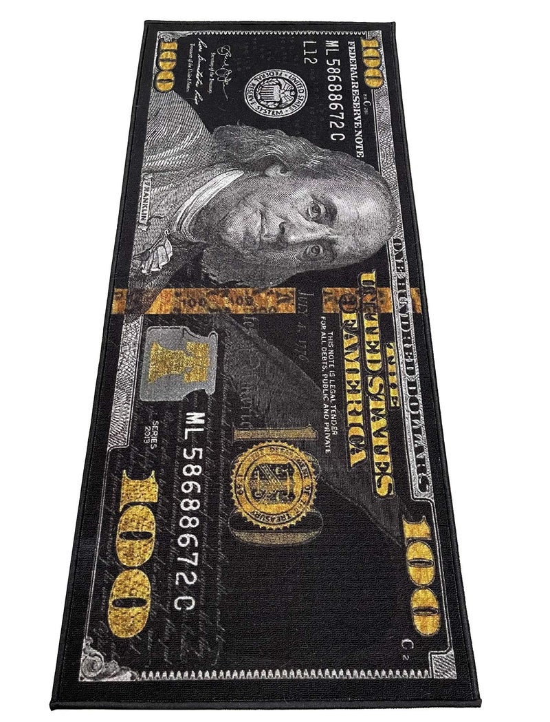 HUAHOO Black Money Rugs 100 Dollar Bill Cool Area Rug Door Mat Runner for Living Room Bedroom Indoor Outdoor Rug (31.5" x 78.7") - Image 1