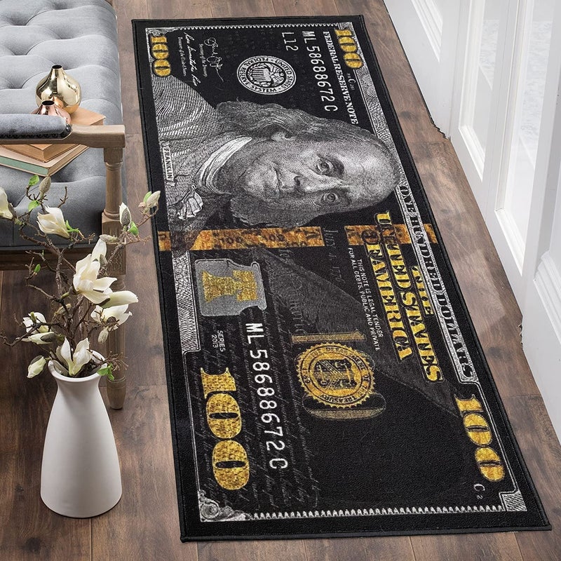 HUAHOO Black Money Rugs 100 Dollar Bill Cool Area Rug Door Mat Runner for Living Room Bedroom Indoor Outdoor Rug (31.5" x 78.7") - Image 3