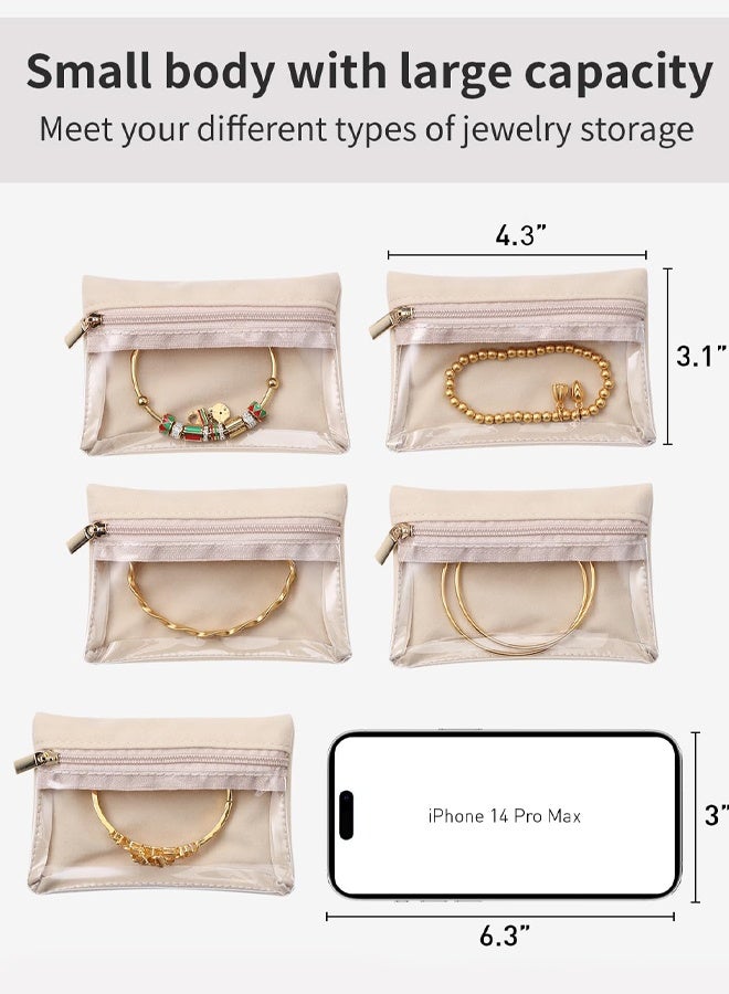 6 Pcs Beige Travel Jewelry Organizer Bags Clear Velvet Zipper Pocket Storage Bags Jewelry Pouch for Women Girls,for Weekend Getaways Vacation Trips Vanity Organization Daily Jewelry Storage Gift to Friends Family - Image 2