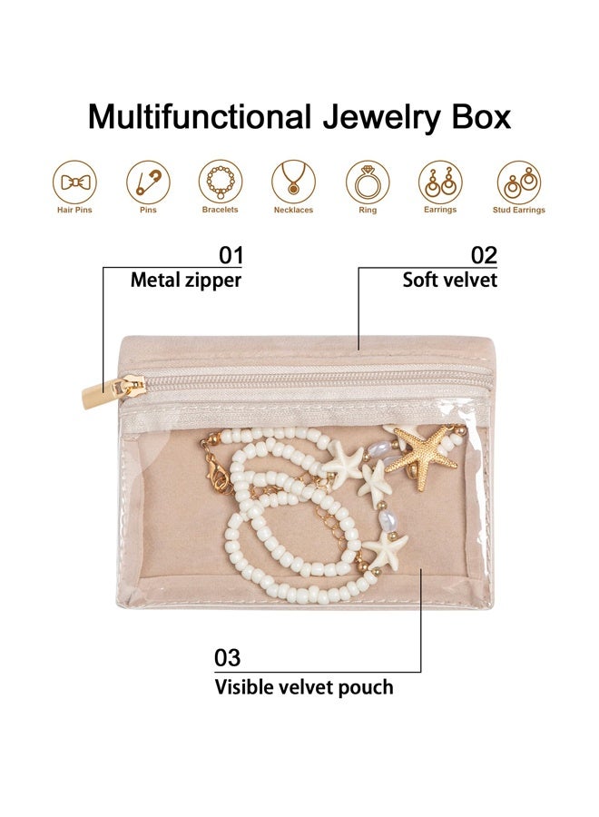 6 Pcs Beige Travel Jewelry Organizer Bags Clear Velvet Zipper Pocket Storage Bags Jewelry Pouch for Women Girls,for Weekend Getaways Vacation Trips Vanity Organization Daily Jewelry Storage Gift to Friends Family - Image 3