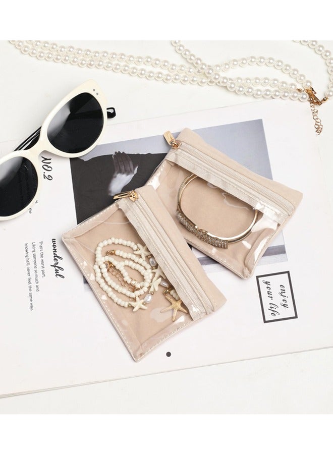 6 Pcs Beige Travel Jewelry Organizer Bags Clear Velvet Zipper Pocket Storage Bags Jewelry Pouch for Women Girls,for Weekend Getaways Vacation Trips Vanity Organization Daily Jewelry Storage Gift to Friends Family - Image 4