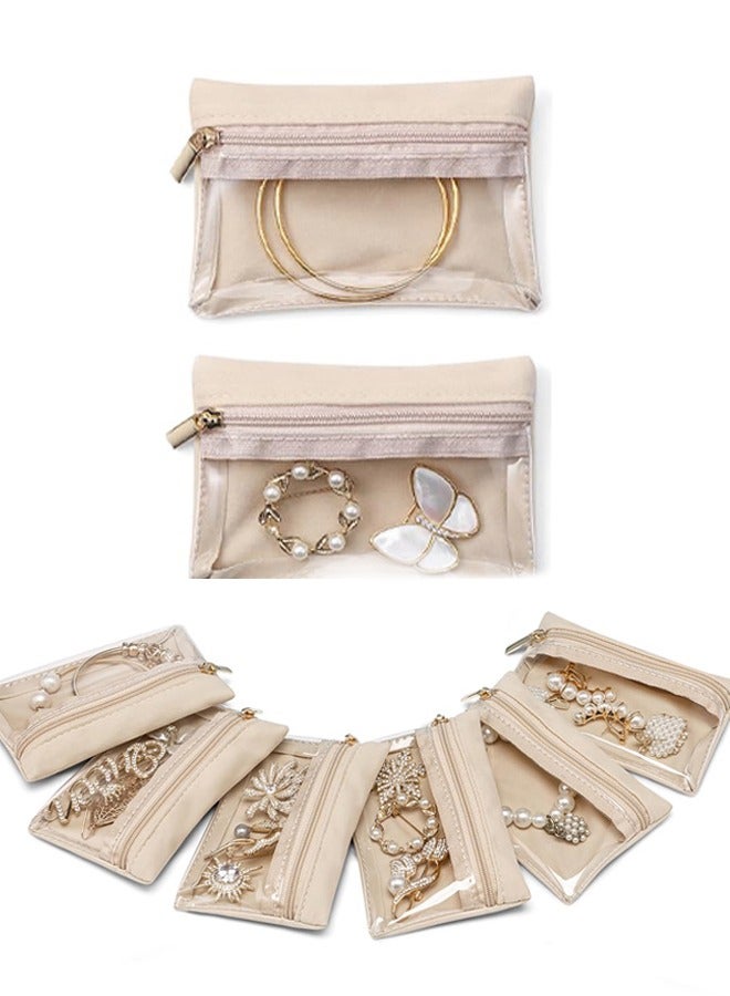 6 Pcs Beige Travel Jewelry Organizer Bags Clear Velvet Zipper Pocket Storage Bags Jewelry Pouch for Women Girls,for Weekend Getaways Vacation Trips Vanity Organization Daily Jewelry Storage Gift to Friends Family - Image 1