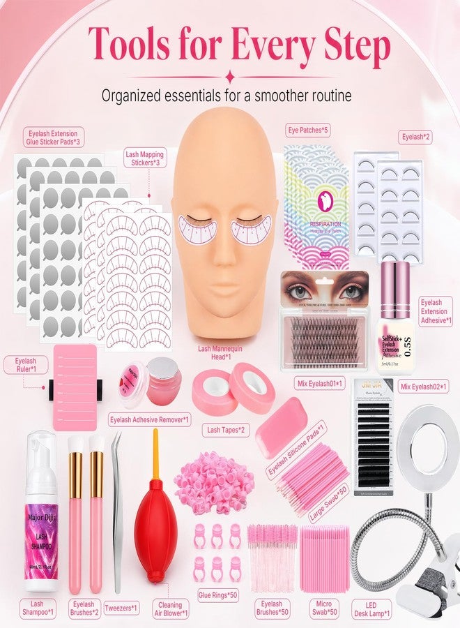 MAJOR DIJIT Lash Kits Extensions Kit for Beginners Eyelash Lash Extension Kit for Beginners with Lash Mannequin Head Lash Extension Practice Kit Starter Kit with Everything (Pink-C) - Image 2