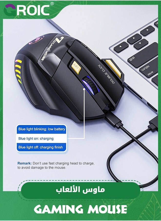 GROIC - Wireless Gaming Mouse, Rechargeable Silent Wireless Mouse with 3200 DPI Adjustable,Double Click Key, Colorful RGB Lights, Computer Mice with Thumb Rest for PC/Mac Gamer - Image 1
