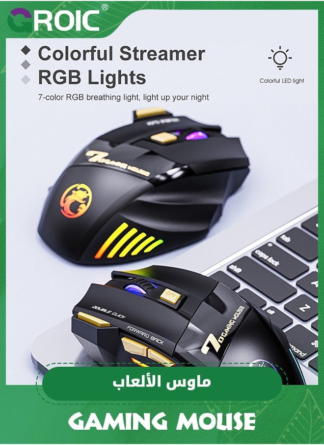 GROIC - Wireless Gaming Mouse, Rechargeable Silent Wireless Mouse with 3200 DPI Adjustable,Double Click Key, Colorful RGB Lights, Computer Mice with Thumb Rest for PC/Mac Gamer - Image 1