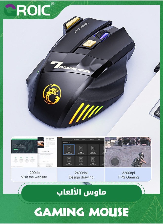 GROIC - Wireless Gaming Mouse, Rechargeable Silent Wireless Mouse with 3200 DPI Adjustable,Double Click Key, Colorful RGB Lights, Computer Mice with Thumb Rest for PC/Mac Gamer - Image 1