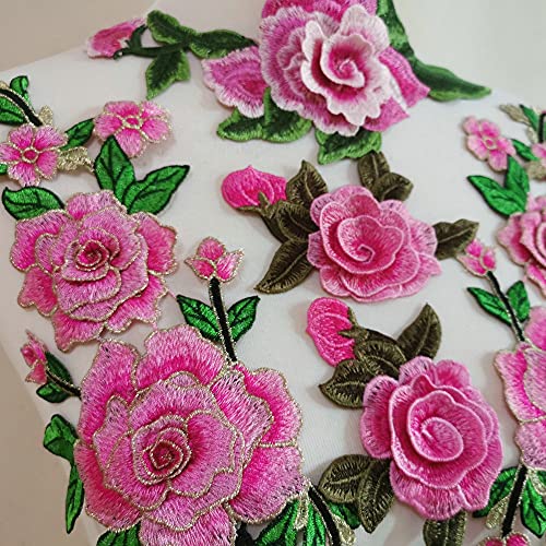 FEEPOP 4 Pcs Embroidery Rose Flower Sew On Patch Dress Hat Bag Jeans Applique Crafts Clothing Accessories DIY (Pink) - Image 2