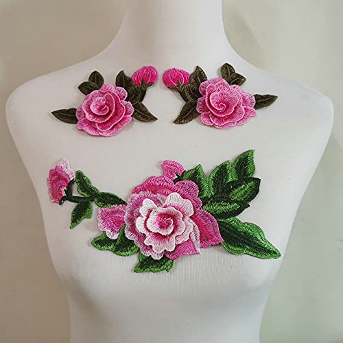 FEEPOP 4 Pcs Embroidery Rose Flower Sew On Patch Dress Hat Bag Jeans Applique Crafts Clothing Accessories DIY (Pink) - Image 3