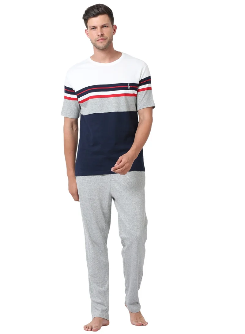 victor and jane Men's Cotton Pyjama Sets with Round Neck T-shirt in Navy & Grey Melange with Woven long pants