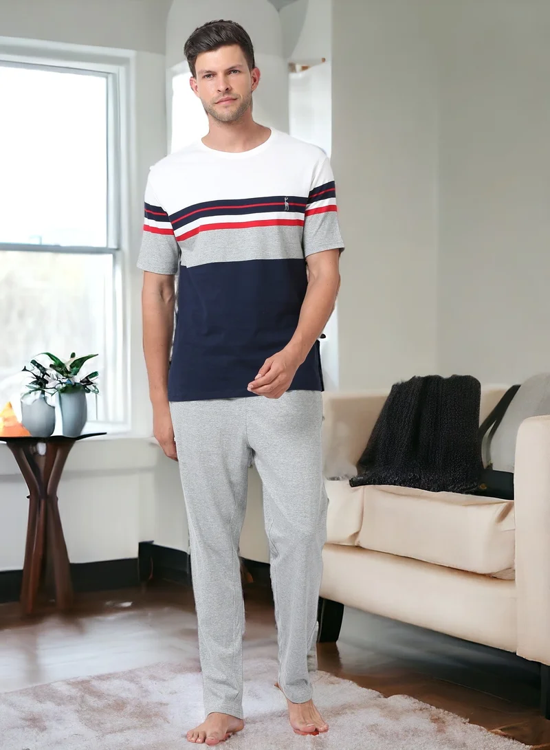 victor and jane Men's Cotton Pyjama Sets with Round Neck T-shirt in Navy & Grey Melange with Woven long pants