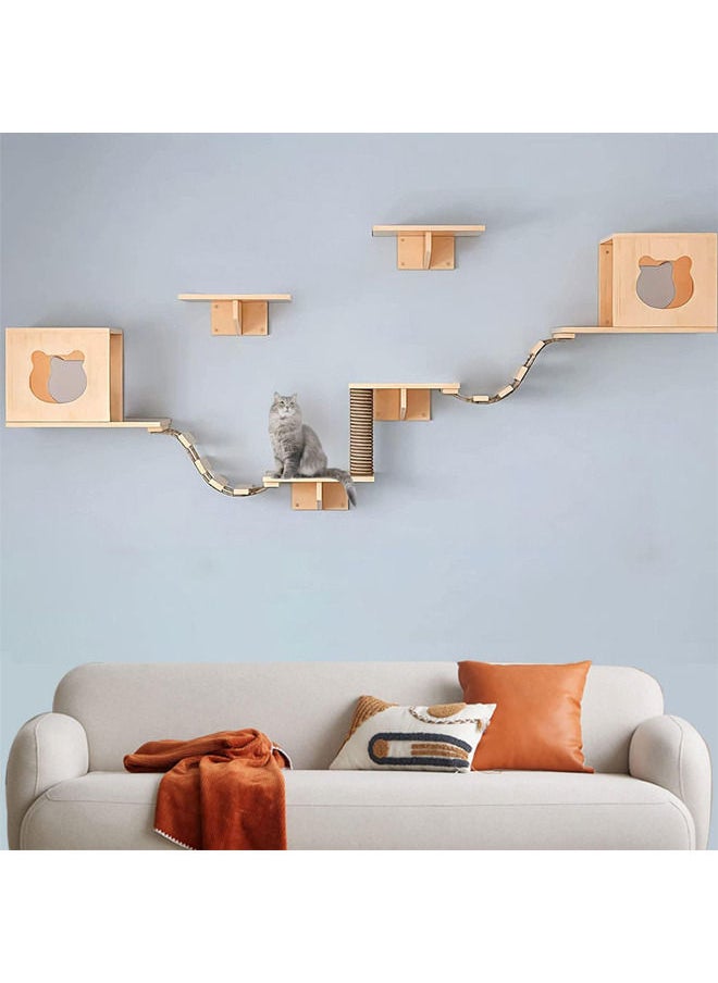 Neostyle Cat Wall Shelf, Cat Wall Furniture Set and Wall Perch, Floating Cat Wooden Climbing Furniture with 4 Cat Shelves, 2 Cat Houses, 2 Ladders and 1 Cat Scratching Post (9pcs Set)  - Image 1