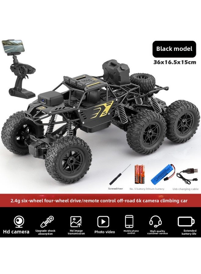 Alloy Remote Control Car High-speed Four-wheel Drive Racing Car Drift Climbing Big Foot Off-road Vehicle Boy Electric Children's Toy Car-Colour:Alloy Black Six-wheel 8k High-definition Camera/dual Control/5g-Proportion:Four Batteries Last 180 Minutes + Remote Control Battery + Charging Cable