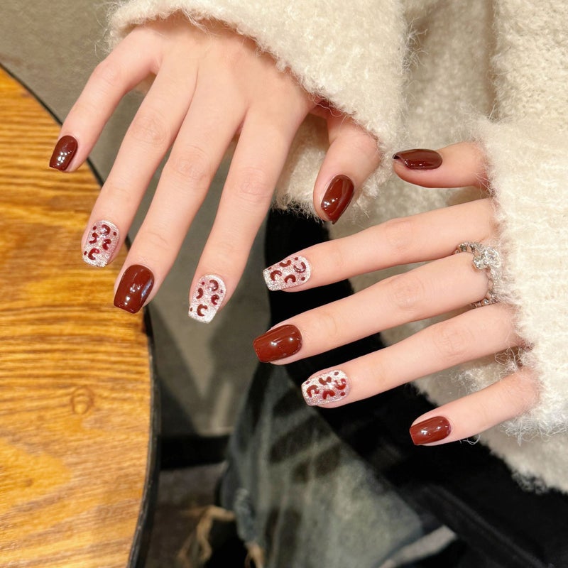 Yihe Handmade Cat's Eye Nail Art Patch – Red Stone Leopard Print Design - Image 3