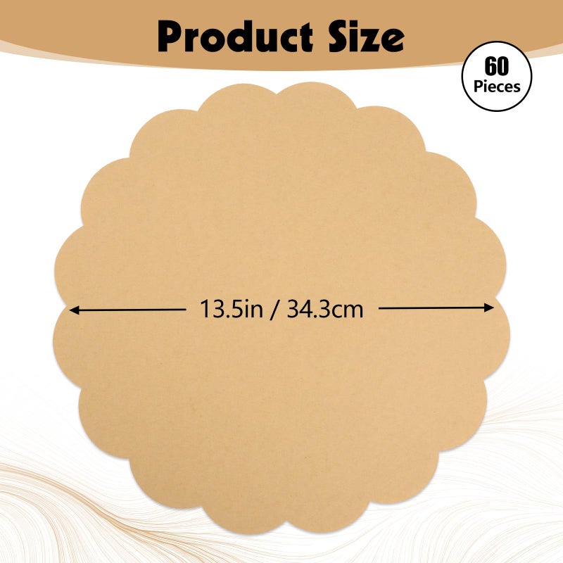 NatNarr 60 Pcs Kraft Paper Placemats, 13.5 Inch Scalloped Placemat Disposable Round Table Place Mats Decorative Paper for Dining Table Birthday Rustic Farmhouse Holiday Party - Image 2