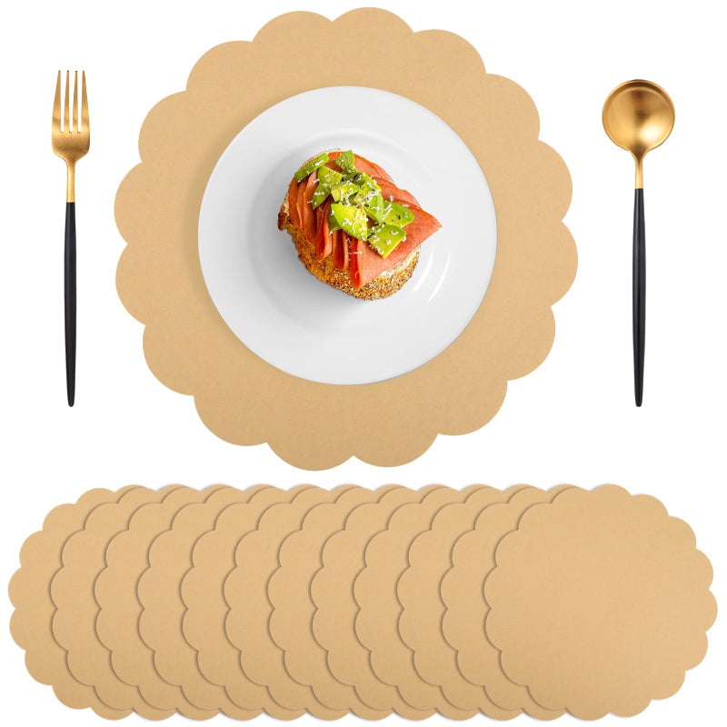NatNarr 60 Pcs Kraft Paper Placemats, 13.5 Inch Scalloped Placemat Disposable Round Table Place Mats Decorative Paper for Dining Table Birthday Rustic Farmhouse Holiday Party - Image 1