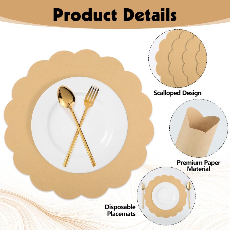 NatNarr 60 Pcs Kraft Paper Placemats, 13.5 Inch Scalloped Placemat Disposable Round Table Place Mats Decorative Paper for Dining Table Birthday Rustic Farmhouse Holiday Party - Image 4