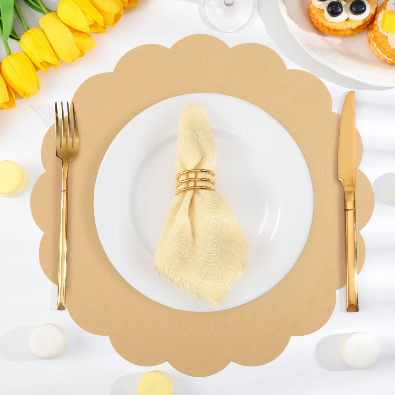 NatNarr 60 Pcs Kraft Paper Placemats, 13.5 Inch Scalloped Placemat Disposable Round Table Place Mats Decorative Paper for Dining Table Birthday Rustic Farmhouse Holiday Party - Image 3