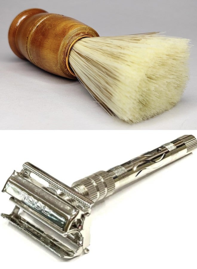 Loyalmart Double Edge Brass Smooth Safety Shaving Razor With Butterfly open Mechanism & Premium Wooden Shaving Brush Combo - HR3 - Image 1