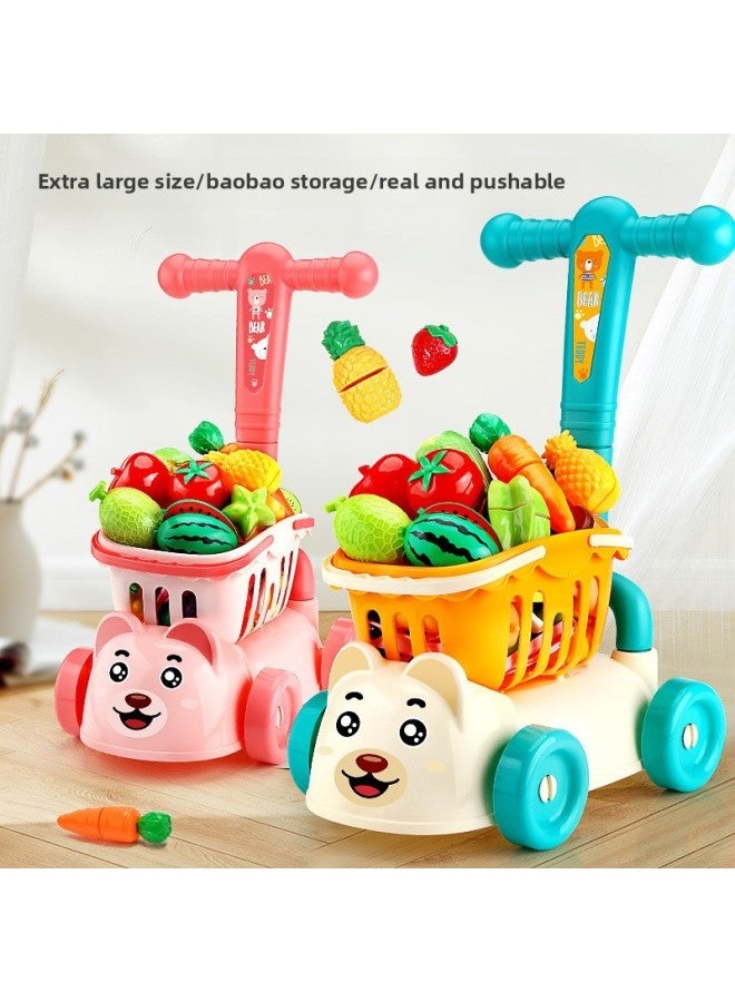 عربة تسوق للأطفال لعبة عربة دفع يدوية لتقطيع الفاكهة وبيت لعب للمطبخ للأولاد والبنات وسحب ألعاب بلاستيكية للسيارة للرضع والأطفال الصغار - اللون: عربة تسوق خضراء - Image 3