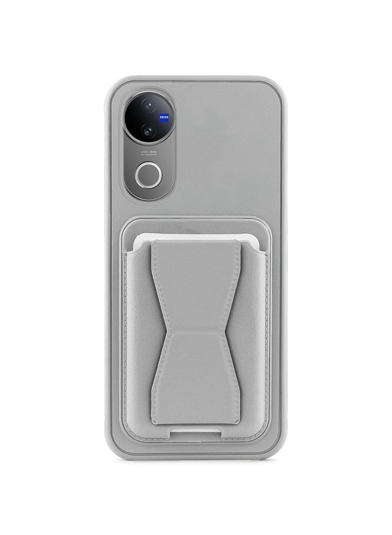 Leather back cover with card wallet Foldable Shockpoof Case compatible with Vivo V50 5G/Vivo V50 Pro 5G (Grey) 