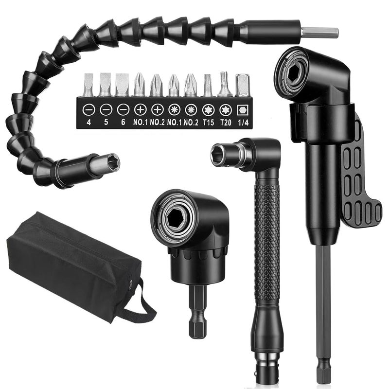 DOOOYU 21 Pcs Right Angle Drill Attachment Set Includes 2Pcs Flexible Drill Bit Extension 3Pcs 360Â° Rotatable 1/4 3/8 1/2" Impact Grade Socket Adapter 3Pcs Drill Bit Holder 10 Short Screwdriver Bits - Image 1