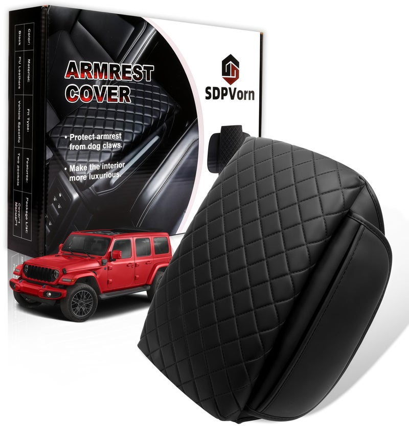 Armrest Cover for Jeep Wrangler Center Console Pad with Organizer Storage Pockets Black Faux Leather Arm Rest Lid Protector Cushion Interior Accessories 20182025 Wrangler JL Gladiator JT