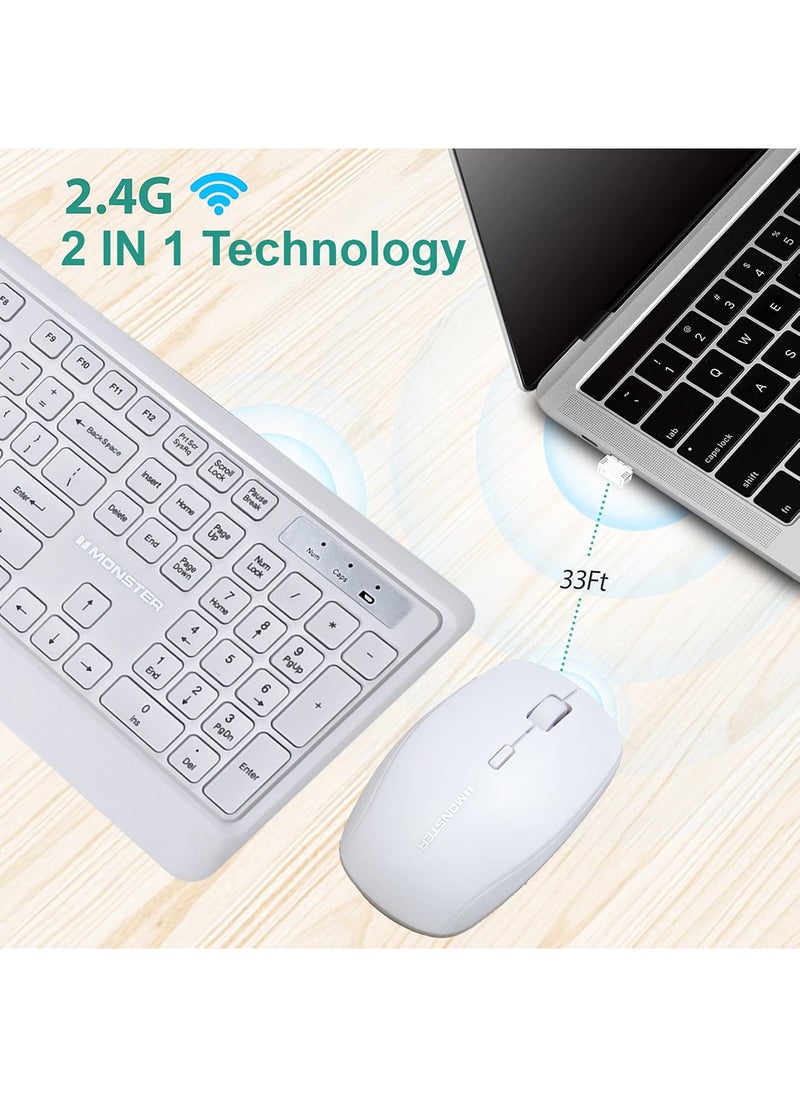 Wireless Keyboard and Mouse Combo – Sleek White Design | Compact, Quiet, & Smooth Typing | 2.4GHz Wireless Connectivity, USB Receiver, for PC, Laptop, Mac, Windows, and More 【Batteries Included】