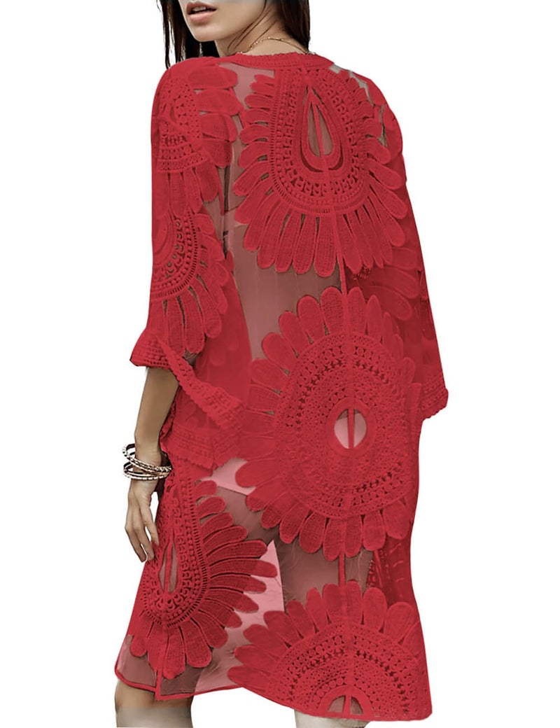 shermie Women's 3/4 Sleeve Loose Kimono Sun Flower Bikini Swimwear Bathing Suit Cover Up Red - Image 1