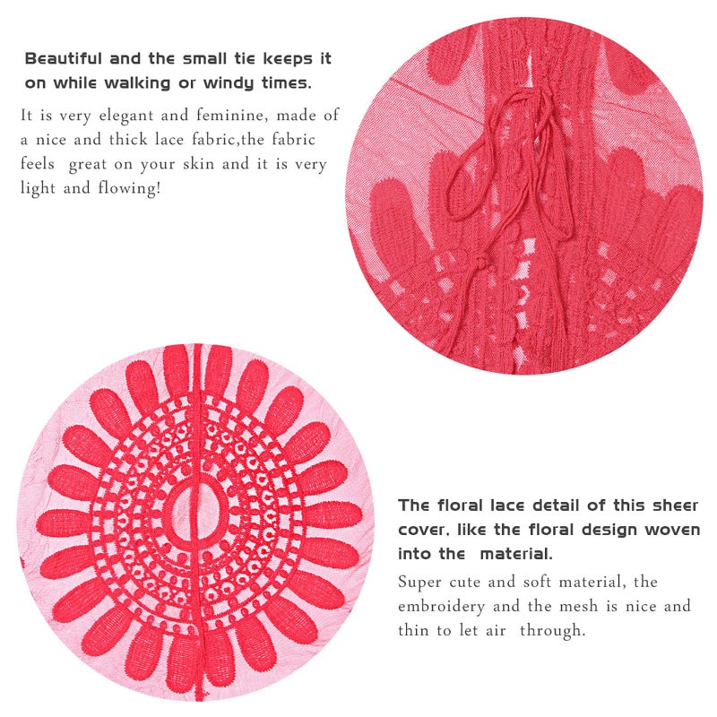 shermie Women's 3/4 Sleeve Loose Kimono Sun Flower Bikini Swimwear Bathing Suit Cover Up Red - Image 3