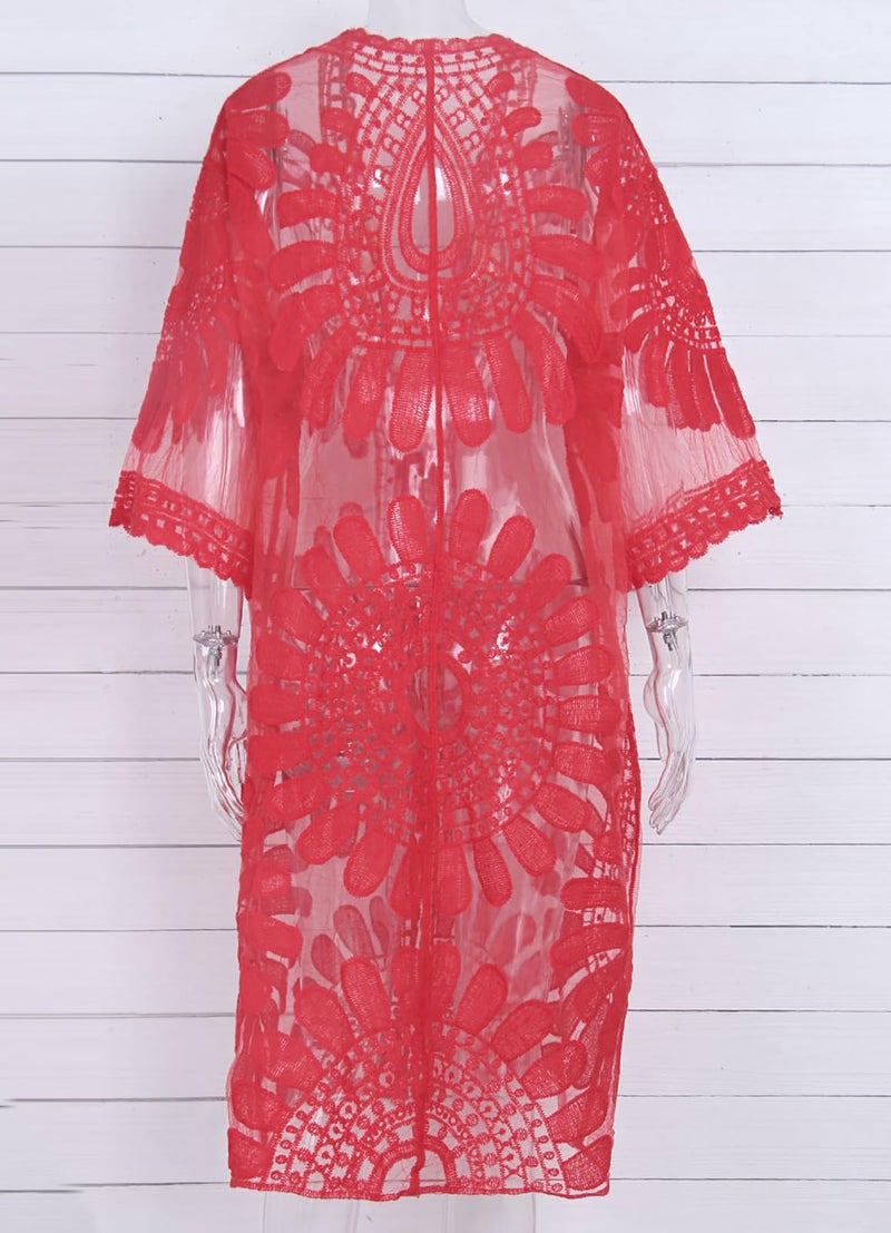 shermie Women's 3/4 Sleeve Loose Kimono Sun Flower Bikini Swimwear Bathing Suit Cover Up Red - Image 2