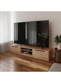 DANUBE HOME خزانة تلفزيون كبيرة من رويان مع درجين حتى 98 بوصة، وحدة تلفزيون حائطية ترفيهية، حامل تلفزيون خشبي، طاولة وحدة تحكم وسائط لغرفة المعيشة، مقاس L 230x55.3x42.7 سم، بني فاتح  - Image 1