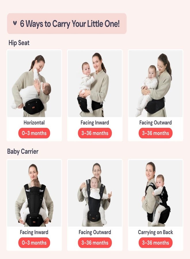 BabbleRoo Grow Carrier - Safety-Certified 6-in-1 Baby Carrier with Hip Seat, Ergonomic & Adjustable Toddler Carrier 7-50 lbs with Hip Support, Hood for Sun Protection, Newborn to Toddler, Black - Image 5