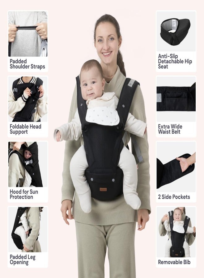 BabbleRoo Grow Carrier - Safety-Certified 6-in-1 Baby Carrier with Hip Seat, Ergonomic & Adjustable Toddler Carrier 7-50 lbs with Hip Support, Hood for Sun Protection, Newborn to Toddler, Black - Image 3