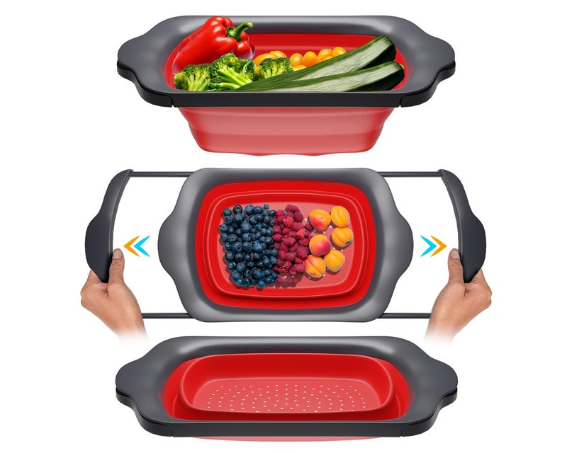 Comfify Xl Large Kitchen Strainer By Comfify - Collapsible Silicone Over-The-Sink Colander With Extendable Handles - Use With Pasta  Fruit  Berries & Veggie - 6 Quart - Red - Image 1