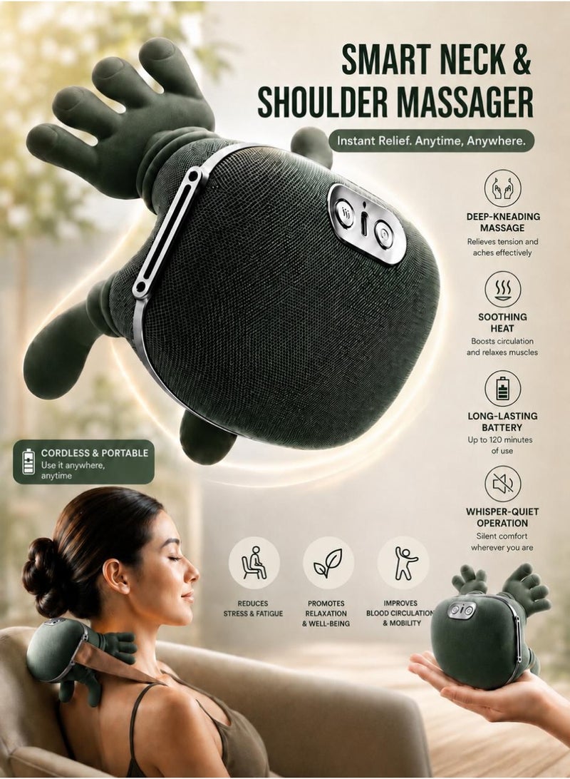 Smart Neck & Shoulder Massager with Heat | Cordless Shiatsu Deep Kneading Massage Pillow | Rechargeable Portable Neck & Back Pain Relief Massager | Wireless Muscle Relaxation Device for Home, Office & Travel