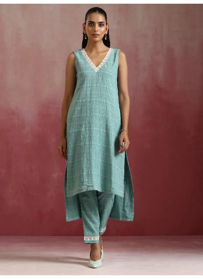 trueBrowns Aqua Blue Cotton Dobby High low Kurta Set