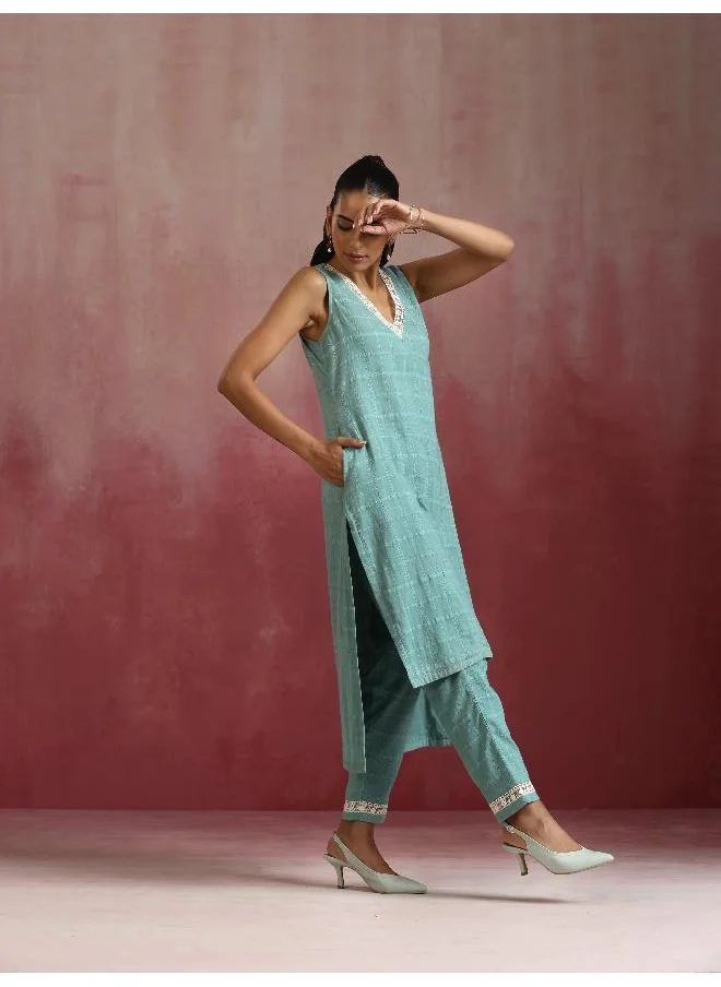 ترو برونز trueBrowns Aqua Blue Cotton Dobby High low Kurta Set