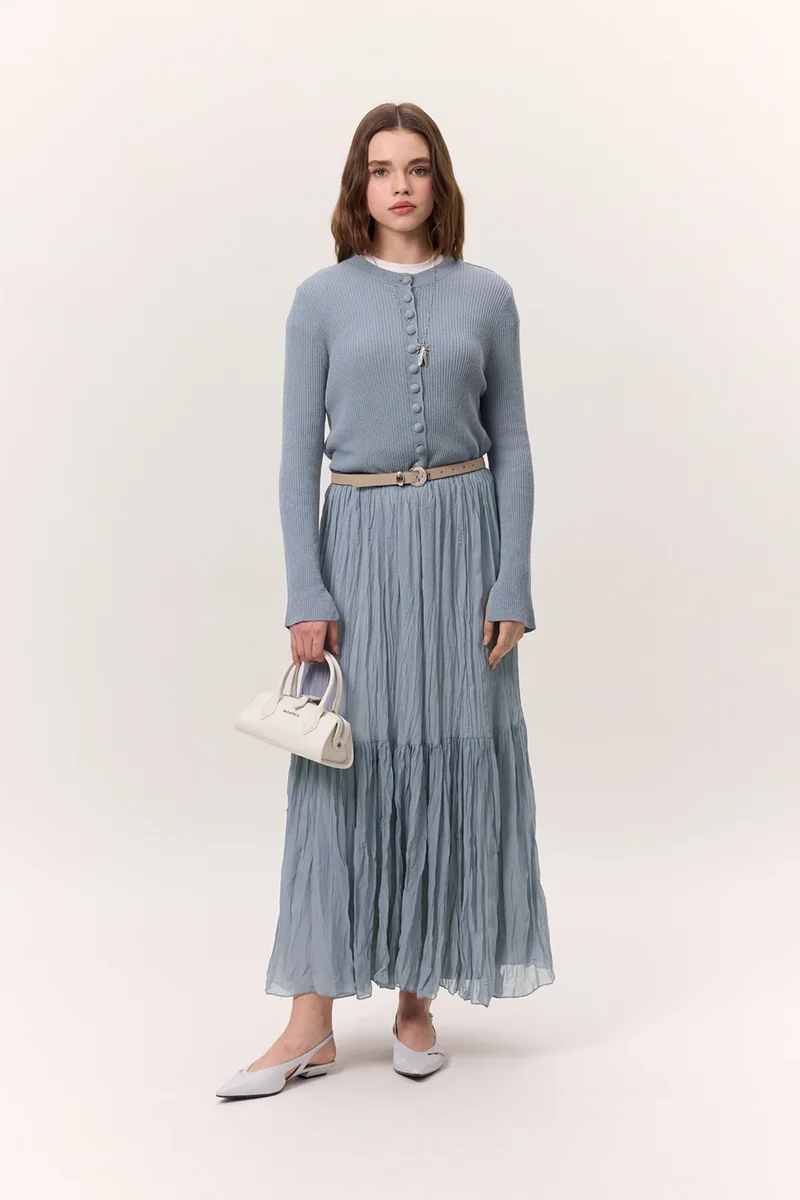 Manuka Crush Pleated Long Skirt Navy Blue