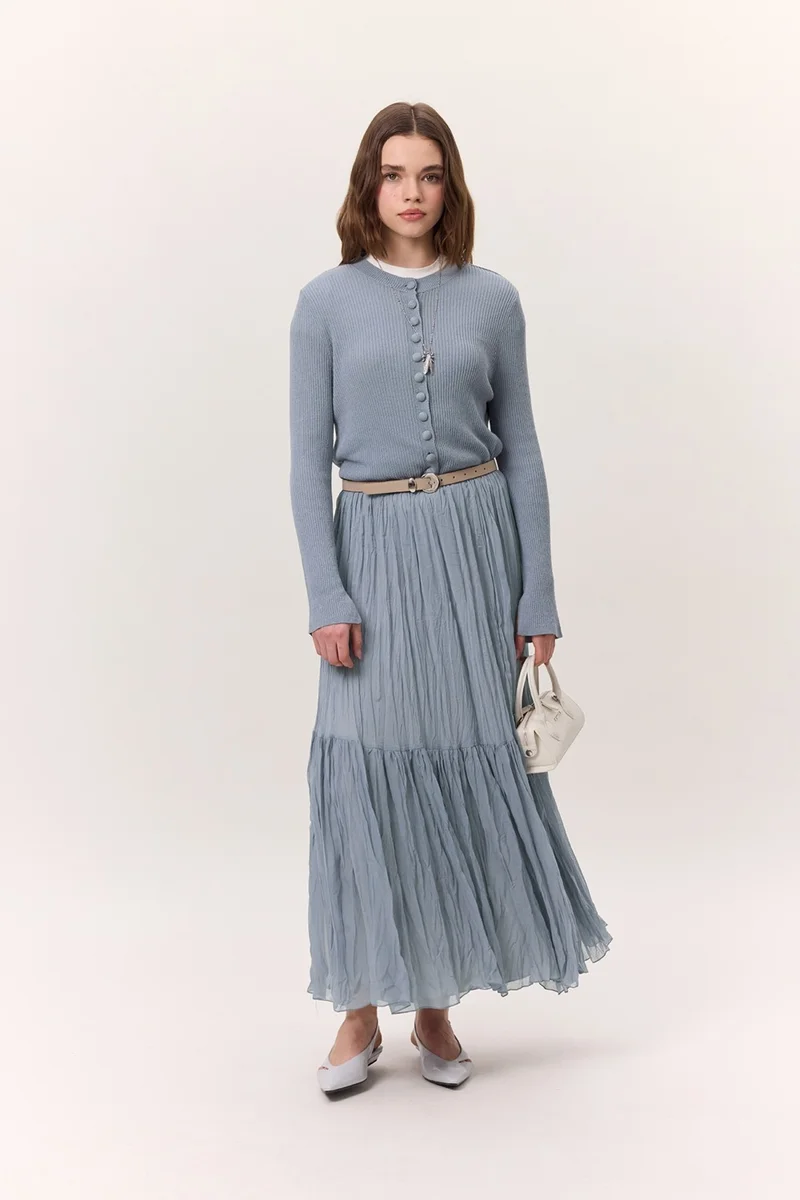Manuka Crush Pleated Long Skirt Navy Blue