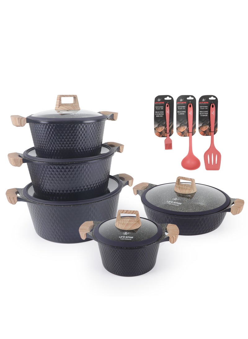Life Smile Cookware Set 13 pieces - LIFE SMILE Pots and Pans set Granite Non Stick Coating 100% PFOA FREE, Induction Base Cooking Set include Casseroles & Shallow Pot & Silicone Utensils  - Image 1