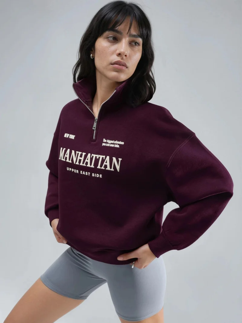 Busem BUSEM Oversized Text Print Zipper Collar Sweatshirt