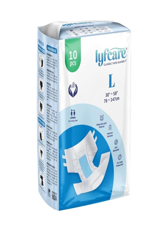 Lyfcare Open Tape Adult Diaper Large Size (L) - 10 Units | Unisex Diapers Open Tape Style | Waist (76-147 cm) | Wetness Indicator, Super Absorption, 360° Protection & 0% Leakage | For Men & Women - Image 1
