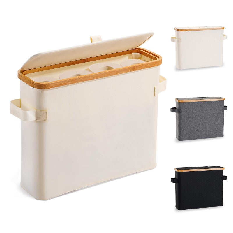 FuBegi Toilet Paper Storage Basket with Lid, Bamboo Toilet Paper Storage Holder Stand Organizer for Bathroom, Toilet Paper Storage Box Container with Handle Bin for RV Closet, Beige - Image 1