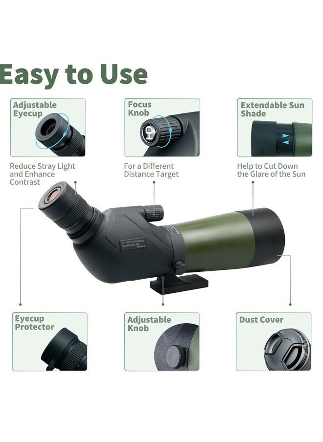 20-60x60 HD Spotting Scope with Tripod, Carrying Bag and Scope Phone Adapter - BAK4 45 Degree Angled Spotter Scope for Target Shooting Hunting Bird Watching Wildlife Scenery