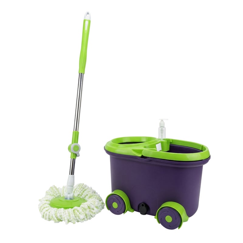 Group Tiger High-Efficiency 360° Spin Mop System with Large Wheeled Bucket and Stainless Steel - Green & Dark Purple - KM38-34 - Image 1