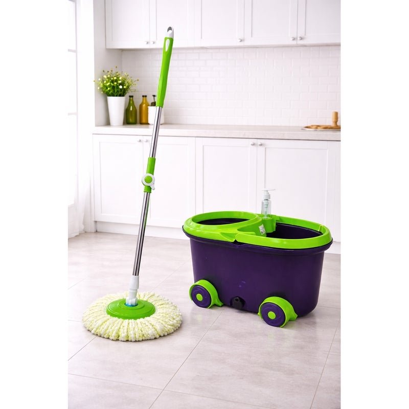 Group Tiger High-Efficiency 360° Spin Mop System with Large Wheeled Bucket and Stainless Steel - Green & Dark Purple - KM38-34 - Image 2