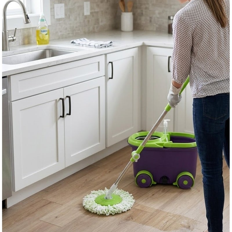 Group Tiger High-Efficiency 360° Spin Mop System with Large Wheeled Bucket and Stainless Steel - Green & Dark Purple - KM38-34 - Image 3