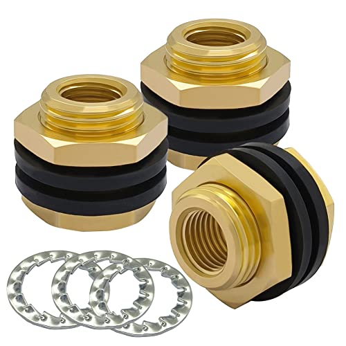 Hooshing Bulkhead Fittings 1/4" NPT Female 1/2" Male Straight Thread Solid Brass Water Tank Connector with Sawtooth Rings, 3 Pack - Image 1